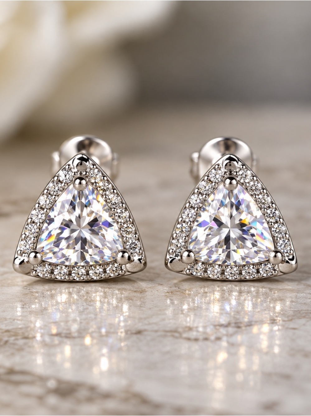 Sterling Silver Moissanite Halo Triangle Stud Earrings